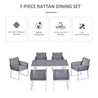 Outsunny 7 PCS Dining Set with 6 PE Rattan Cushioned Chairs & 1 Rectangle Table, Modern Outdoor Patio Furniture for Poolside, Porch, Patio, Balcony, Indoor(m-6)