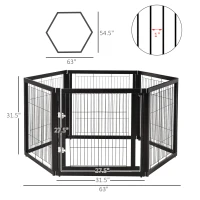 PawHut Transformable Pet Playpen 6 Freestanding Panels Gate Fireplace Christmas Tree Fence Stair Barrier Room Divider with Walk Through Door Wooden Frame Metal Mesh Black 63'' x 54.5'' x 31.5''(m-3)