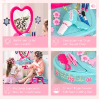 Qaba 33 Pcs Princess Pretend Play Glamour Makeup Set Kids Vanity Dressing Table Realistic w/ Stool for 3 Years Old Lake Blue+White(m-6)