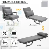 HOMCOM 5 Position Adjustable Folding Convertible Single Sleeper Sofa Bed Chair Lounge Couch with Pillow (Light Grey)(m-4)