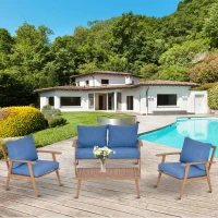 Outsunny 4-Piece Patio Furniture Set Outdoor Conversation Set with Coffee Table Loveseat Blue Cushions Aluminium Frame(m-1)
