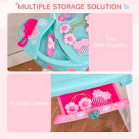 Qaba 33 Pcs Princess Pretend Play Glamour Makeup Set Kids Vanity Dressing Table Realistic w/ Stool for 3 Years Old Lake Blue+White(m-5)