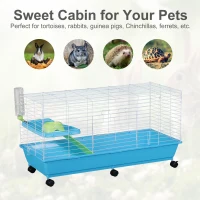 PawHut Small Animal Cage Pet Rabbit Guinea Pig Home Habitat Hutch Play House Rolling with 6 universal wheels, water bottle, ramp, food dish,  White/Blue(m-7)