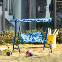 Outsunny Kids Porch Swing, Outdoor 2-Seat Children Patio Chair, Toddler Glider with Adjustable Canopy, Seat Belt for Garden Backyard Shark Pattern(m-2)