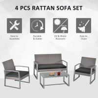 Outsunny 4 Pieces Patio Furniture Set, PE Rattan Wicker Sofa Set Outdoor Conversation Furniture Lawn Patio Coffee Table w/Cushion, Grey(m-4)