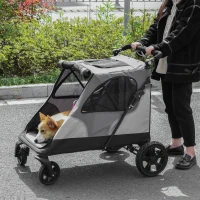 PawHut Pet Stroller Foldable Dog Cat Travel Carriage with Adjustable Handlebar Rear Door EVA Wheel Brake Storage Bag Mesh Window Safety Leash Grey(m-1)