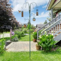 PawHut 6 Hook Feeding Station, Steel Multi-Feeder Kit Stand with 4 Bird Feeders, Mesh Tray, Water Dish and 4-Prong Base, Green(m-7)