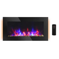 HOMCOM 36" Wall-Mounted Electric Fireplace, 750/1500W Fireplace Heater with Flame Effect, 7 Color Background Light and Side Light, Black(m-2)