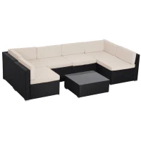 Outsunny 7 Pieces Patio Furniture Set, Outdoor Garden Sofa Set Sectional Set All Weather Rattan Conversation Set, Black Khaki(m-2)