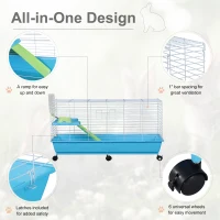 PawHut Small Animal Cage Pet Rabbit Guinea Pig Home Habitat Hutch Play House Rolling with 6 universal wheels, water bottle, ramp, food dish,  White/Blue(m-5)