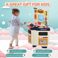 Qaba 64 PCS Kids Kitchen Role Play Cooking Toy Set, Educational Pretend Kitchen Playset Game, w/ Water Circulation, Spray, Music, Sound, Colorful Flashlight, for 3-6 Years Old, Beige+Blue(m-6)