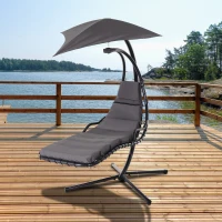 Outsunny Single Floating Chaise Lounge Curved Outdoor Porch Swing Chair Hanging Hammock Reclining Seat w/Arc Stand & Canopy Grey(m-1)
