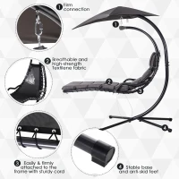 Outsunny Single Floating Chaise Lounge Curved Outdoor Porch Swing Chair Hanging Hammock Reclining Seat w/Arc Stand & Canopy Grey(m-5)