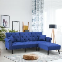 HOMCOM Modern Fabric Sectional Sofa Bed Set, Double Sofa and Chaise Lounge with Adjustable Backrest and 2 Removable Cushions, for Living Room Waiting Room, Blue(m-1)