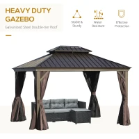 Outsunny 10' x 12' Outdoor Hardtop Gazebo with Galvanized Steel Canopy & Netting Sidewalls for Lawn, Backyard, Brown(m-4)