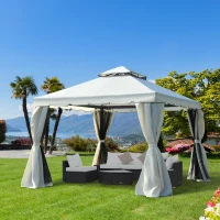 Outsunny 10x10ft Aluminum Gazebo Canopy Double -tire Garden Shelter with Mesh Netting and Privacy Curtains, Cream White(m-1)