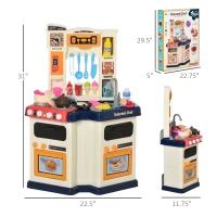 Qaba 64 PCS Kids Kitchen Role Play Cooking Toy Set, Educational Pretend Kitchen Playset Game, w/ Water Circulation, Spray, Music, Sound, Colorful Flashlight, for 3-6 Years Old, Beige+Blue(m-3)