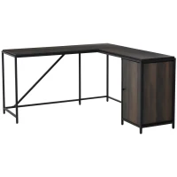 HOMCOM L-Shaped Computer Corner Desk with Storage Cabinet, Adjustable Shelf, Large Tabletop and Black Steel Frame, Brown(m-10)