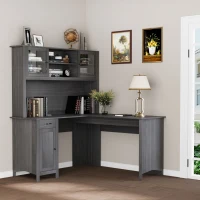 HOMCOM L-Shaped Desk with Hutch, Computer Desk with Drawers, Home Office Corner Desk Study Workstation Table with Storage Cabinets Shelves, Dark Gray(m-2)