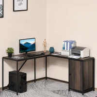 HOMCOM L-Shaped Computer Corner Desk with Storage Cabinet, Adjustable Shelf, Large Tabletop and Black Steel Frame, Brown(m-7)