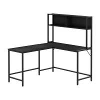 HOMCOM 55 Inch L Shaped Computer Desk with Hutch, Corner Desk for Home Office and Study, Writing Workstation with 2 Storage Compartments, Black(m-9)