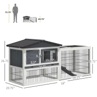 PawHut Rabbit Hutch Metal Bunny Cage, Wire and Easy Clean Tray with 2 House Levels and Patio Space  59" L x 20.75" W x 26.75" H(m-3)