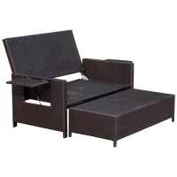 Outsunny 2pc Rattan Chaise Lounge and Ottoman Set Cushioned Wicker Double Seat Bench Chair Outdoor Daybed Loveseat w/ Adjustable Back & Foldable Drink Holder(m-8)