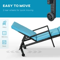 Outsunny Wicker Chaise Lounger PE Rattan Outdoor Lounge Chair Garden Chair Recliner with 5-Level Adjustable Backrest and 2 Wheels, Sky Blue(m-5)