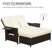 Outsunny 2pc Rattan Chaise Lounge and Ottoman Set Cushioned Wicker Double Seat Bench Chair Outdoor Daybed Loveseat w/ Adjustable Back & Foldable Drink Holder(m-6)