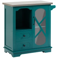 HOMCOM Rolling Kitchen Island Storage Cart, Kitchen Cabinet with Stainless Steel Top, Glass Door & Drawers for Kitchen, Green(m-2)