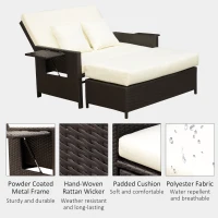 Outsunny 2pc Rattan Chaise Lounge and Ottoman Set Cushioned Wicker Double Seat Bench Chair Outdoor Daybed Loveseat w/ Adjustable Back & Foldable Drink Holder(m-5)
