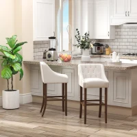 HOMCOM Modern Bar Height Bar Stools Set of 2, 30" Seat Height Bar Chair for Kitchen Living Room with Mid Back, Wood Legs, Nailhead Trim & Tufted Upholstery, Beige(m-2)