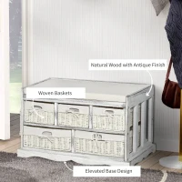 HOMCOM Wooden Shoe Bench with Cushion, Entryway Bench with 5 Removable Storage Baskets for Entryway, Living Room, Cream White(m-5)