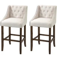 HOMCOM Modern Bar Height Bar Stools Set of 2, 30" Seat Height Bar Chair for Kitchen Living Room with Mid Back, Wood Legs, Nailhead Trim & Tufted Upholstery, Beige(m-10)