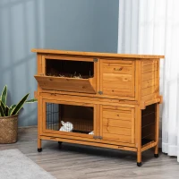 PawHut 47" 2-Story Rabbit Hutch, Wooden Bunny Cage, Guinea Pig House, with 2 Handles for Easy Movement, No Leak Tray, Openable Roof, Ramp, Feeding Shelf for Indoor/Outdoor, Orange(m-8)