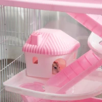 PawHut 3-Tier Hamster Cage Rodent Gerbil Habitat Rat House with Steel Wire, Exercise Wheel, Food Dish, Water Bottle, Pink(m-11)