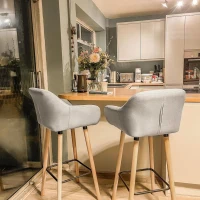 HOMCOM Modern Bar Stools Set of 2, 31.5" Barstools with Linen Fabric and Solid Wood Legs, Backrest and Footrest, Dining Room Kitchen Counter, Beige(m-10)