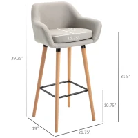 HOMCOM Modern Bar Stools Set of 2, 31.5" Barstools with Linen Fabric and Solid Wood Legs, Backrest and Footrest, Dining Room Kitchen Counter, Beige(m-3)