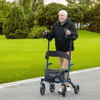 HOMCOM Aluminum Upright Walker with 10'' Wheels, Seat and Backrest, Folding Rollator Walker with Storage Bag, Blue(m-1)