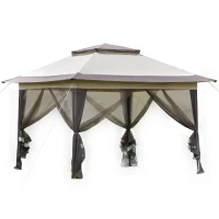 Outsunny 12' x 12' Foldable Pop-up Party Tent Instant Canopy Sun Shade Gazebo Shelter Steel Frame Oxford w/ Roller Bag, Khaki, Brown(m-2)