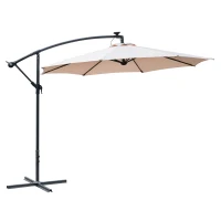 Outsunny 10ft Cantilever Solar Hanging Offset Umbrella Outdoor LED Lights Aluminum Market Banana Parasol Crank w/ Cross Base Garden Sun Shelter Beige(m-2)