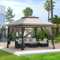 Outsunny 12' x 12' Foldable Pop-up Party Tent Instant Canopy Sun Shade Gazebo Shelter Steel Frame Oxford w/ Roller Bag, Khaki, Brown(m-1)