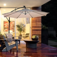 Outsunny 10ft Cantilever Solar Hanging Offset Umbrella Outdoor LED Lights Aluminum Market Banana Parasol Crank w/ Cross Base Garden Sun Shelter Beige(m-1)