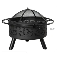 Outsunny 31" Outdoor Fire Pit, Portable Steel Wood Burning Bowl, Handle Ring, Poker, Spark Screen Lid for Patio, Backyard, Bonfire, Campfire, Black(m-3)