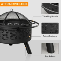 Outsunny 31" Outdoor Fire Pit, Portable Steel Wood Burning Bowl, Handle Ring, Poker, Spark Screen Lid for Patio, Backyard, Bonfire, Campfire, Black(m-6)