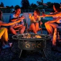 Outsunny 31" Outdoor Fire Pit, Portable Steel Wood Burning Bowl, Handle Ring, Poker, Spark Screen Lid for Patio, Backyard, Bonfire, Campfire, Black(m-2)