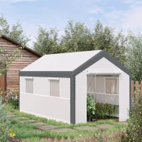 Outsunny 12' x 7' x 7' Greenhouse, Walk-in Outdoor Tunnel Green House with PE Cover, Steel Frame, 2 Roll-Up Zipper Doors & 4 Windows for Flowers, Vegetables, Tropical Plants, White/Dark Gray(m-2)