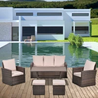Outsunny 6-Piece Outdoor Dining Set - Includes Chairs, Ottomans, Sofa, & Table, Cushioned Seating, Perfect for Patio, Garden, Beige(m-1)