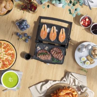 HOMCOM 4 Slice Panini Press Grill, Stainless Steel Sandwich Maker with Non-Stick Double Plates, Locking Lids and Drip Tray, Opens 180 Degrees to Fit Any Type or Size of Food 13"x10.25"x4.75"(m-10)