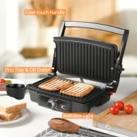 HOMCOM 4 Slice Panini Press Grill, Stainless Steel Sandwich Maker with Non-Stick Double Plates, Locking Lids and Drip Tray, Opens 180 Degrees to Fit Any Type or Size of Food 13"x10.25"x4.75"(m-8)